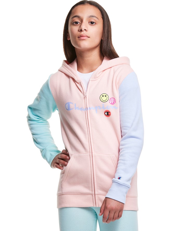 Sudadera Con Capucha Champion Niña - Colorblock Fleece Full Zip Smiley Face ( Coral/Azules ) 8460713